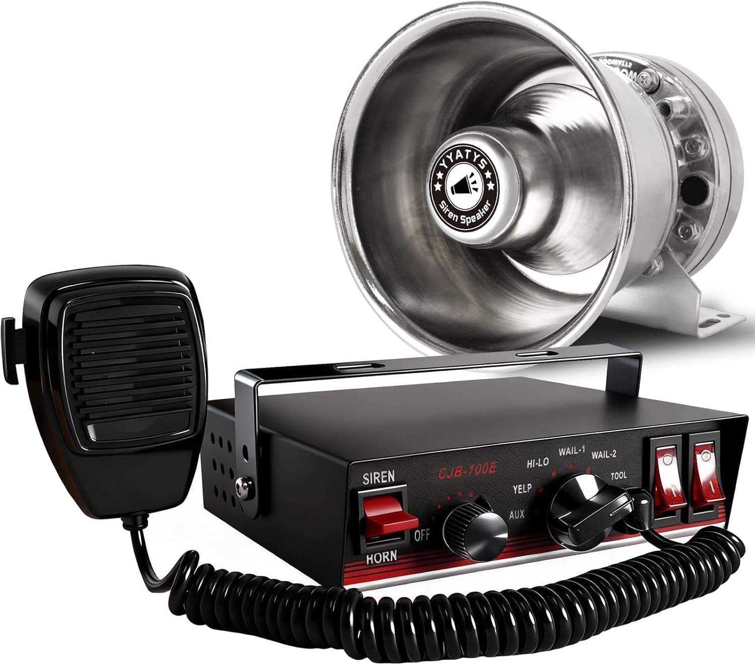 8Tones 200W Emergency Siren with PA - IP67 Waterproof Police/Fire Truck Siren, Yelp/Wail/Hi-Lo Modes, Includes Mic & Speaker for Vehicle PA System | 12 Volt Siren | Car Alarm Siren