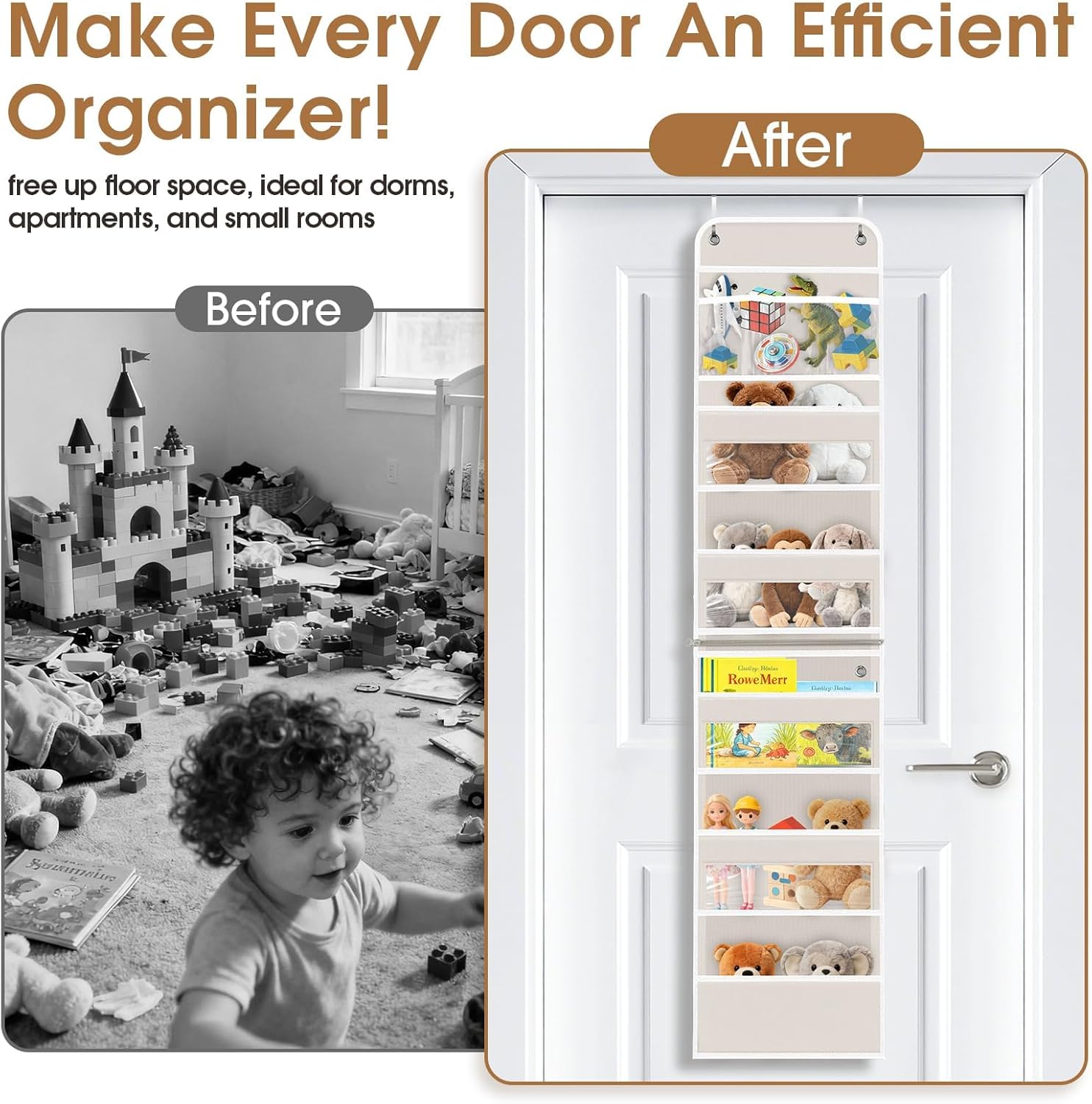WISELIFE 6-Tier Over The Door Organizer Storage Detachable Design Door Hanging Storage Organizer with Clear Window Behind The Door Storage for Nursery Bedroom Bathroom Pantry Closet Beige