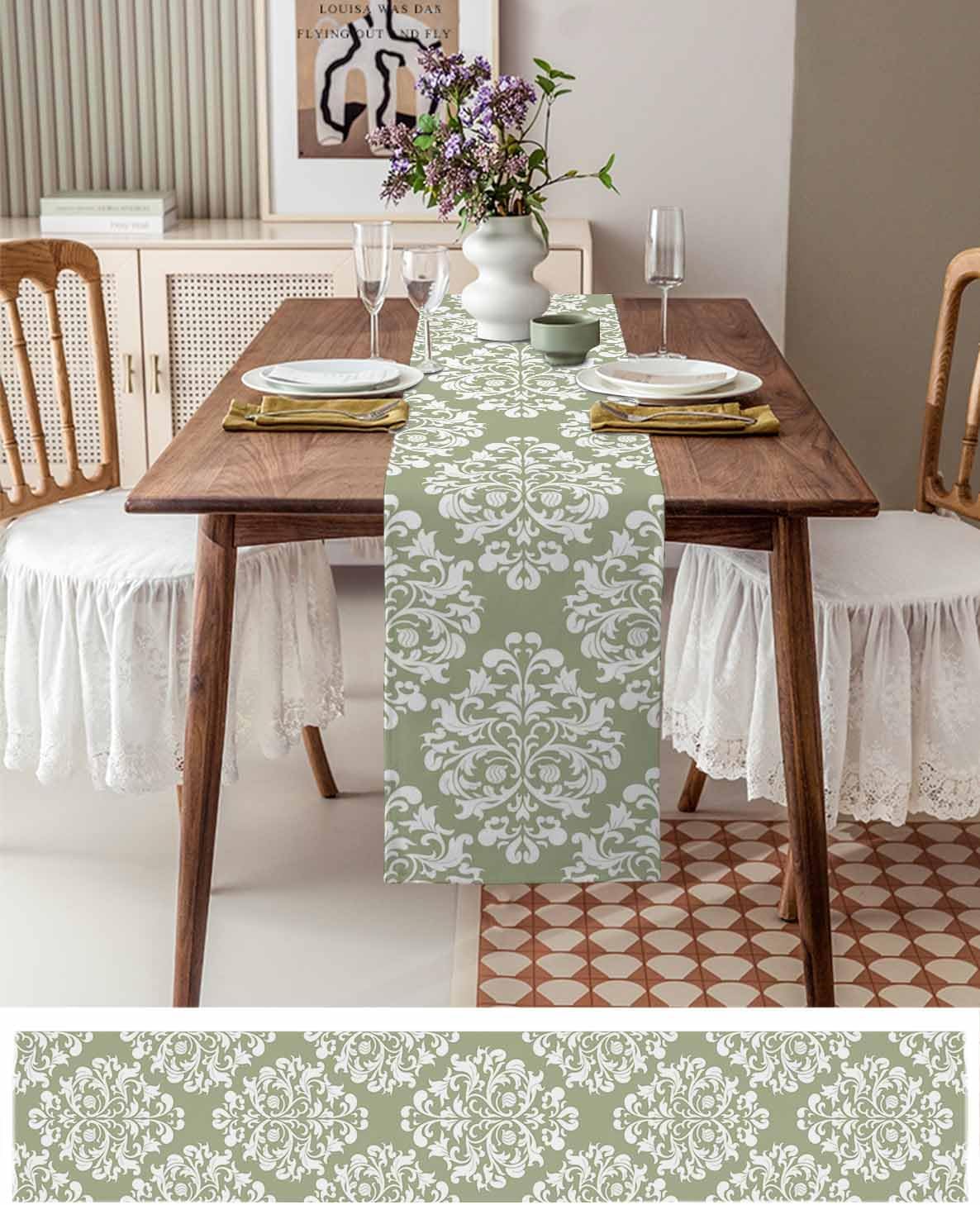 Classical Flower on Sage Green Table Runners 13x120 Inches Long Linen Burlap Table Runner, Retro Rhombus Floral Texture Table Cover Dresser Scarf for Kitchen Dining Holiday Party Wedding Gathering