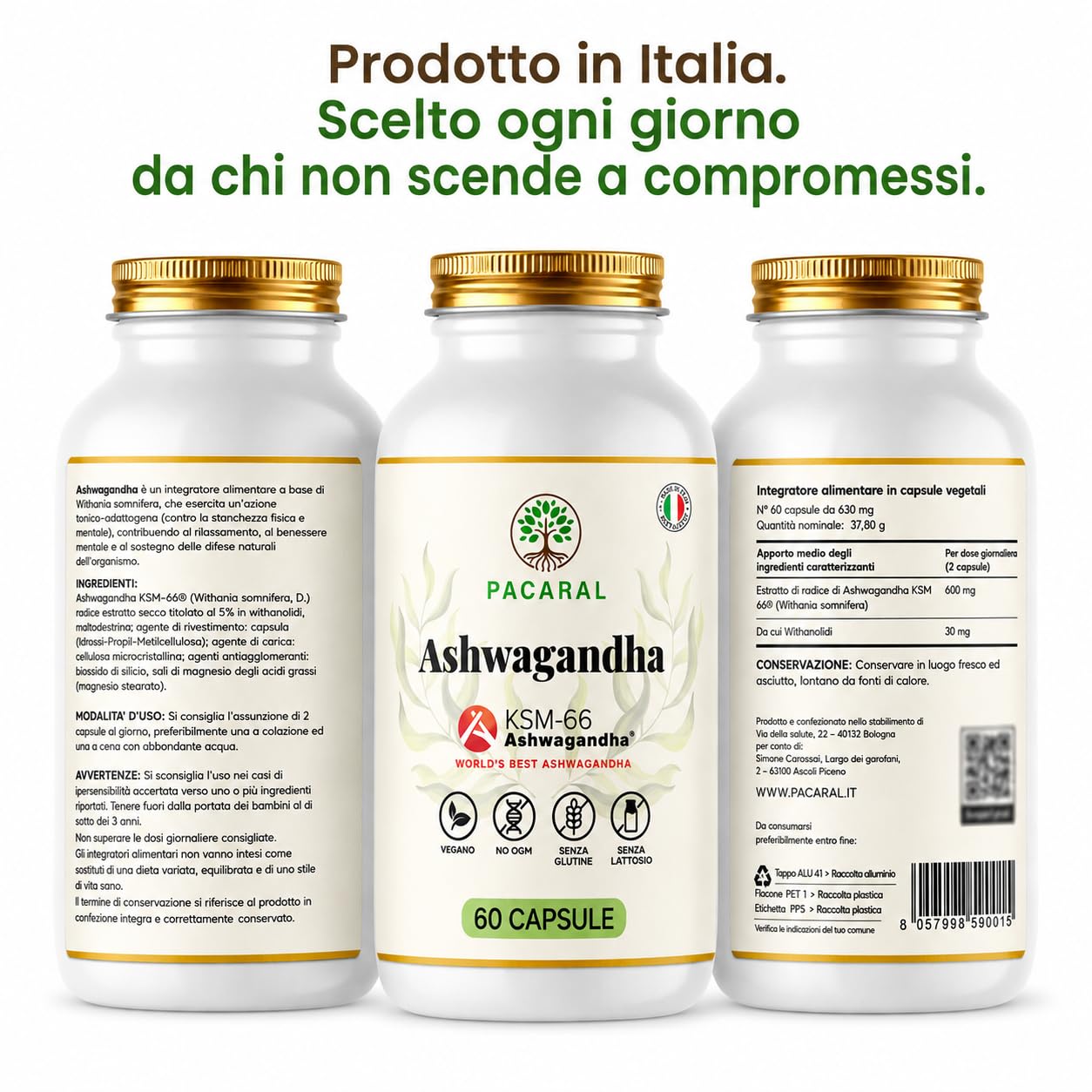 Ashwagandha KSM-66 Alto Dosaggio Pura - 180 Capsule Vegane fino a 6 Mesi di Scorta, Integratore 5% Withanolidi – Stress, Sonno, Benessere, Withania Somnifera - Prodotto in Italia PACARAL