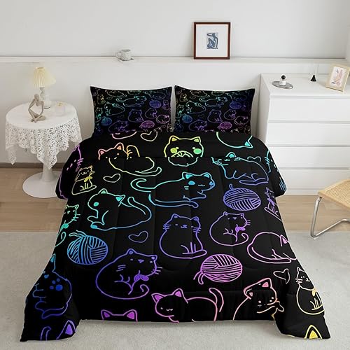 Miniatura 2 de Juego de ropa de cama con diseño de dibujos animados y diseño de gato Kawaii para niños y niñas, juego de cama de líneas de neón coloridas, edredón