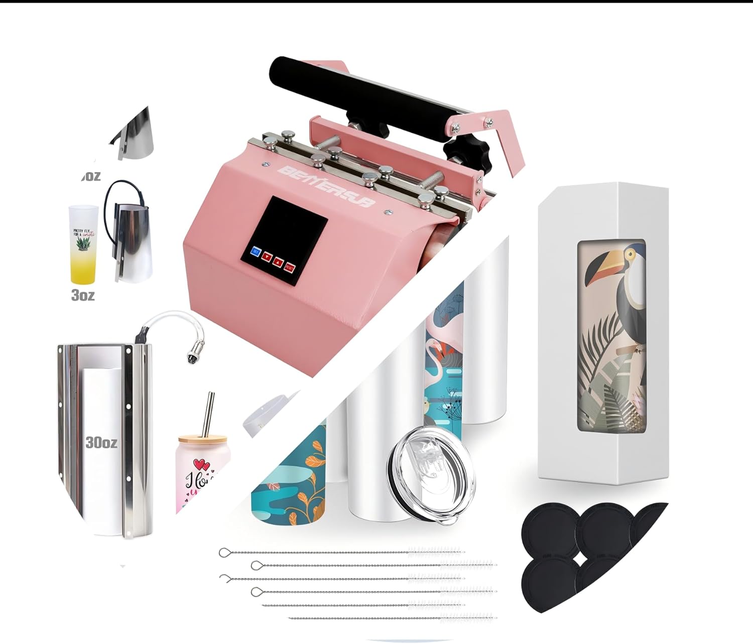BetterSub 3-in-1 Tumbler Mug Heat Press Machine and included accessories