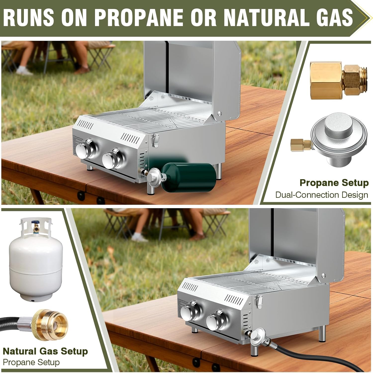 Bestfire Tabletop Gas Grill 2 Burners- Dual Connections, 20,000 BTUs Stainless Steel Portable Grill Fits Large Gas Cylinders and Small Canisters for Outdoor Camping and RV Trips
