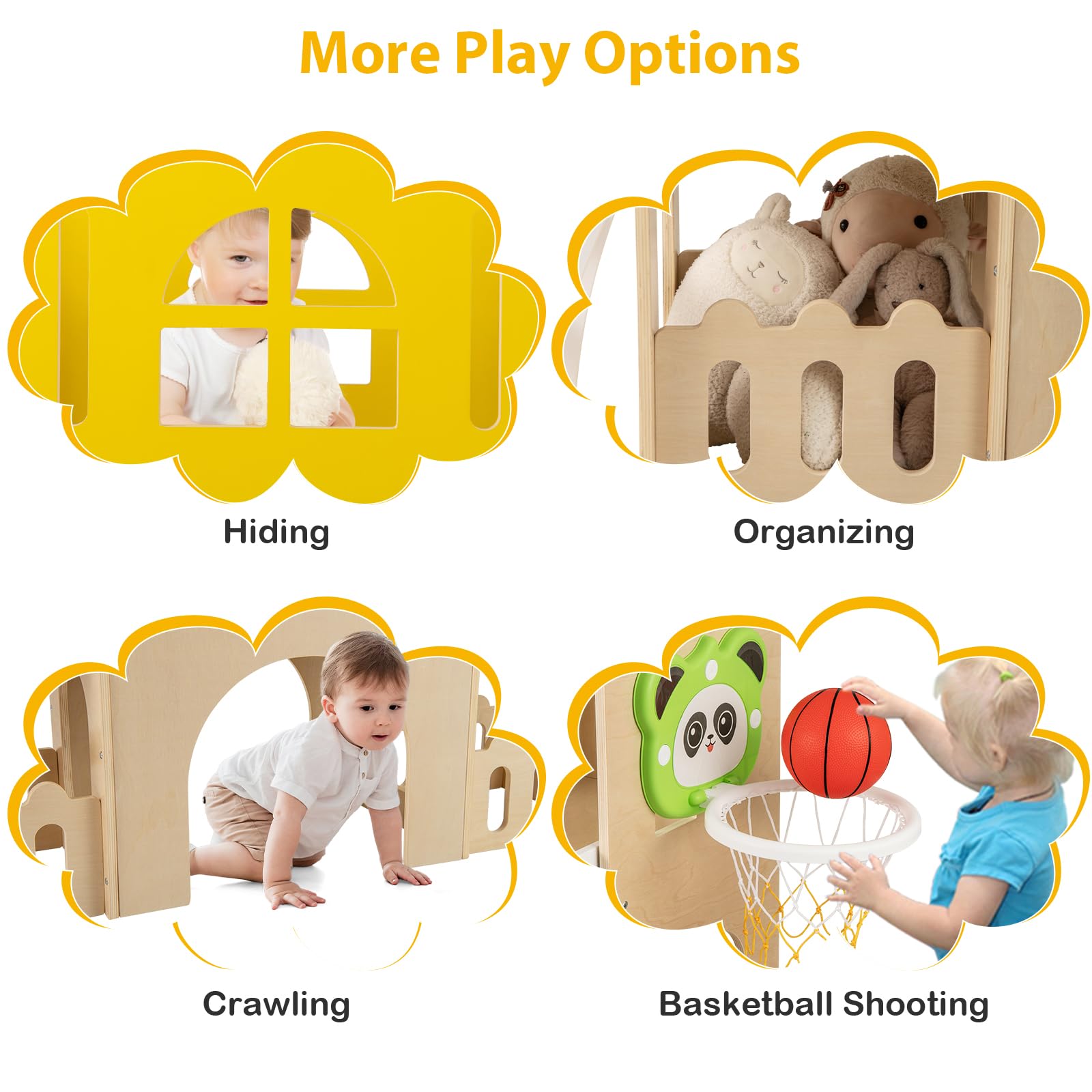 HOMASIS 7 in 1 Kinderrutsche Indoor, Kinder Rutsche mit Basketballkorb | Kletterleiter mit Tunnel Stauraum, Holz Spielplatz im Burgform, Outdoor Babyrutsche Rutschenset für Kinder, 169 x 125 x 98 cm