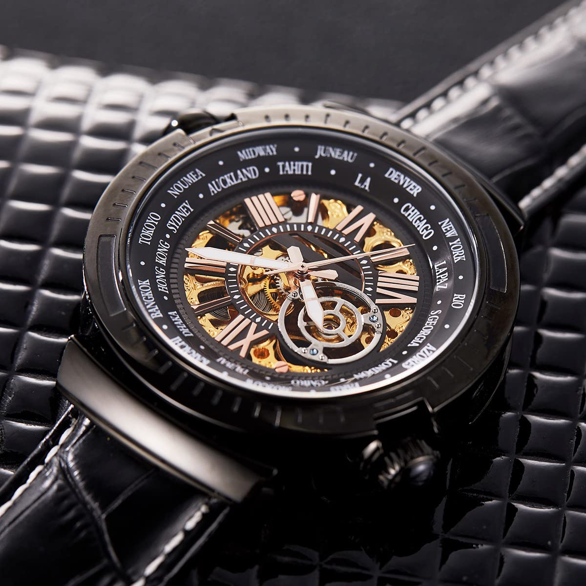 TIME100 Men's Automatic Mechanical Watch Multi-Function Skeleton Dial Stainless Steel Leather Strap Waterproof