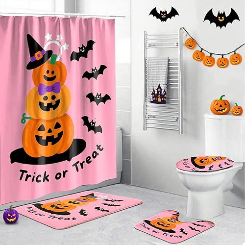 Miniatura 12 de Juego de 4 cortinas de ducha de Halloween, juego de baño de Halloween con cortina de ducha y alfombras, cubierta de tapa de inodoro, cortina de