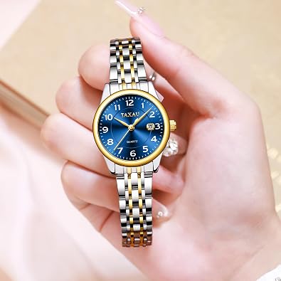 Taxau Two Tone Watches for Women Small Dial Womens Watch Ladies Stainless Steel Waterproof Easy Read Womens Watch with Date Dress Analog Quartz Women Wrist Watches Reloj para Mujer Silver/Blue Dail