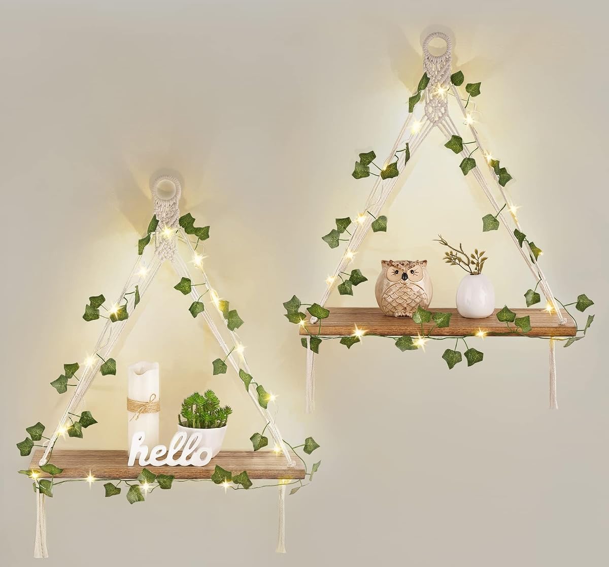 Macrame Wall Hanging Shelves Set of 2 with Artificial Ivy Lights | Boho Wall Decor, Wood Floating Storage Shelf, Display Plants Photos, Bedroom Bathroom Living Room Nursery Dorm Kitchen, White