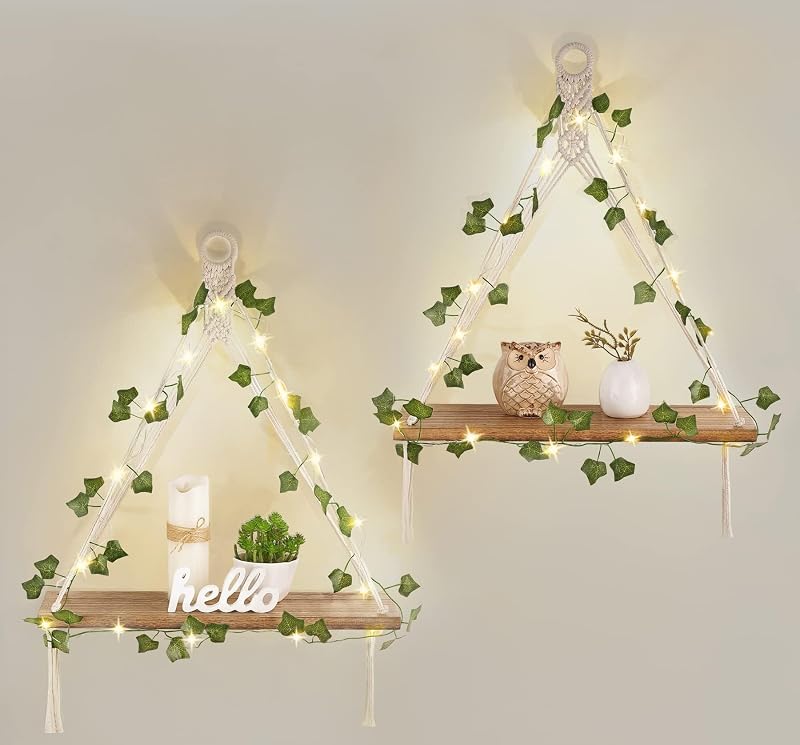 Macrame Wall Hanging Shelves Set of 2 with Artificial Ivy Lights | Boho Wall Decor, Wood Floating Storage Shelf, Display Plants Photos, Bedroom Bathroom Living Room Nursery Dorm Kitchen, White