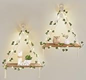 Mkono Artificial Ivy Macrame Hanging Shelves with Lights Set of 2 Boho Wall Decor Display Plants Photos Wood Floating Storage Shelf for Bedroom Bathroom Living Room Nursery Dorm Kitchen, White