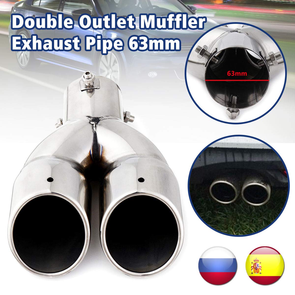 63mm Silenciador de Doble Punta de 2.5" Salida de Acero Inoxidable de 3"Garganta de cola de Coche Doble Escape (Plata Recto)
