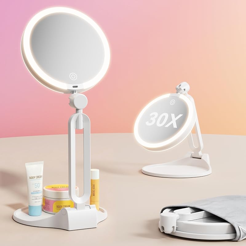 Espelho de maquiagem de viagem com iluminação, dupla face 1X/30X, 3 cores e ajuste contínuo de brilho, dobrável, bateria de 2000mAh, branco