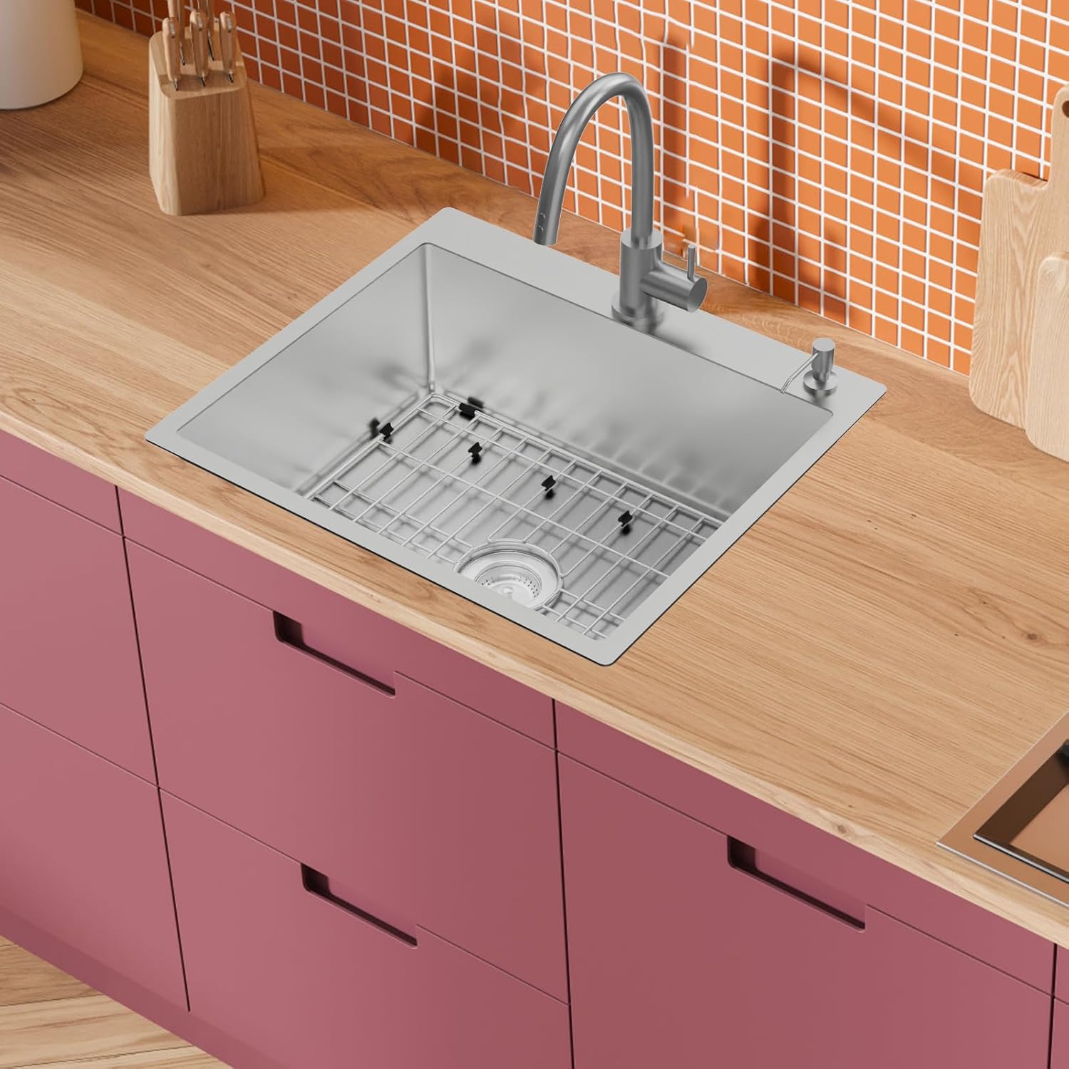25x22 Inch Stainless Steel Kitchen Sink - Drop In Single Bowl Topmount Kitchen Sink Come With Bottom Grid, Silicon Mat And Drain Assembly Set Stylish and Modern Look Add Elegance & Enhance Usability