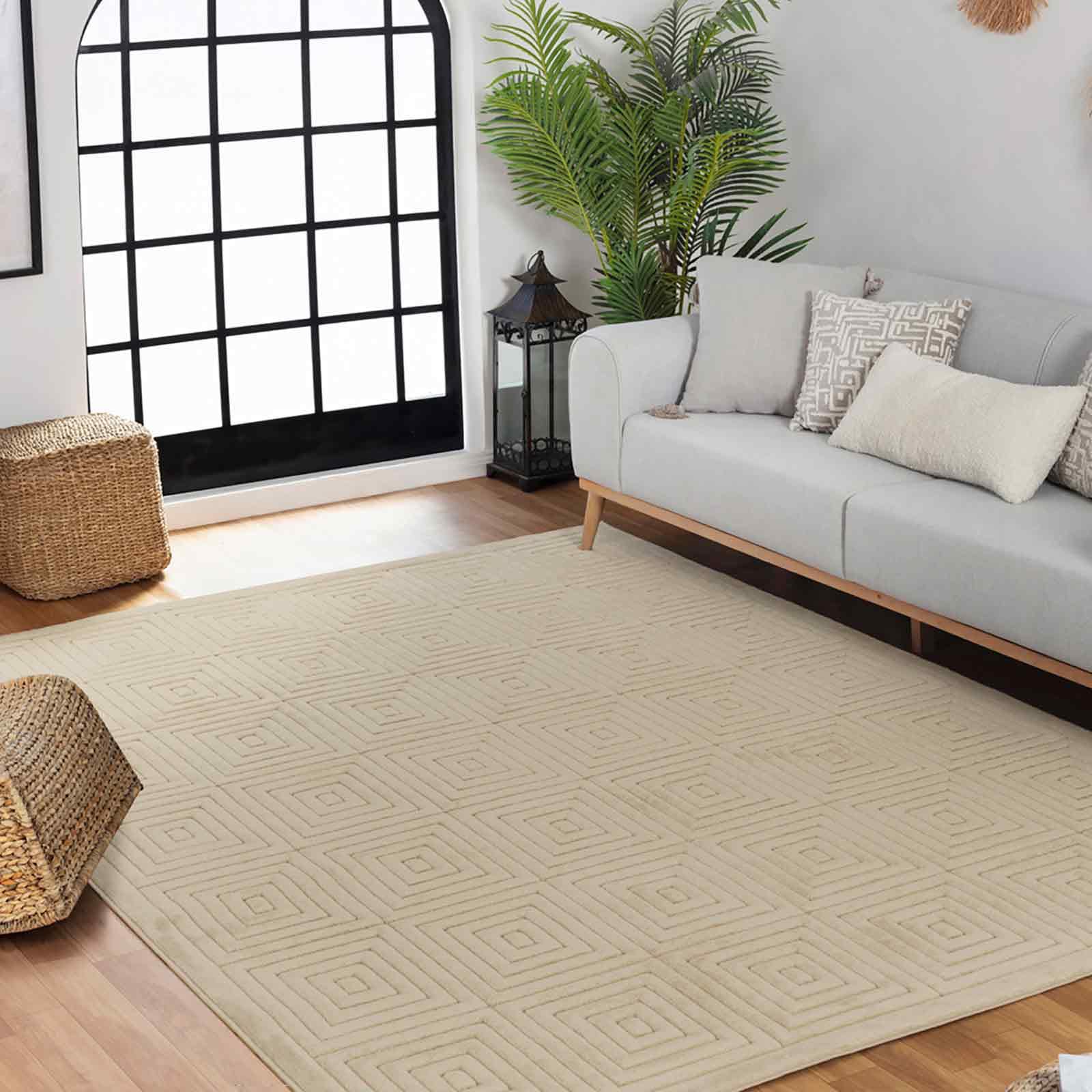 Livabliss Austin Geometric Rug, Scandi Area Rugs Living Room 200x275 cm, Dining, Kitchen, Neutral, Abstract Patterned Rugs, Boho Style, Easy Care Pile, Large Rug, Sesame