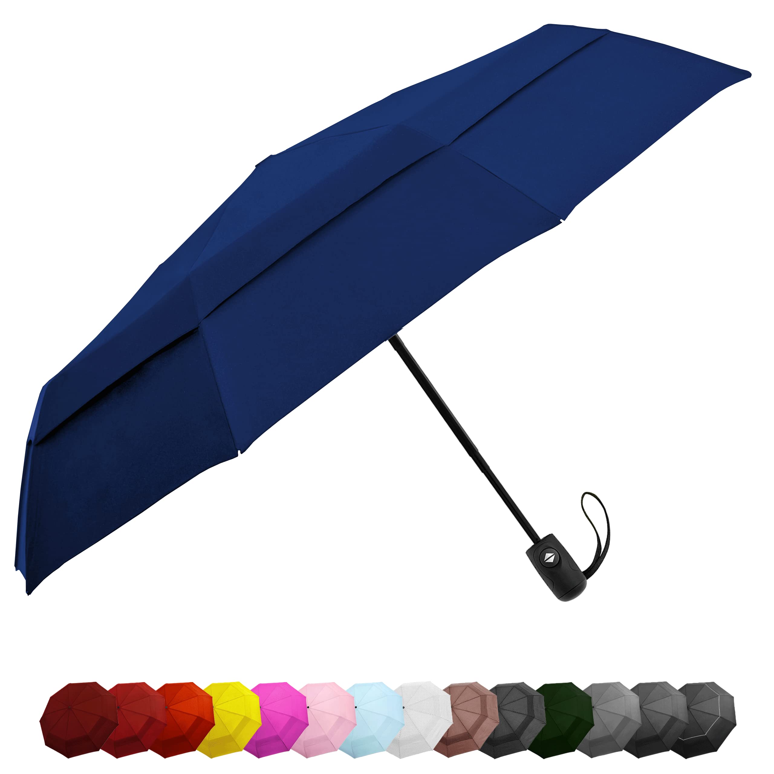 EEZ-Y Windproof Travel Umbrella - Compact, Double Vented Folding Umbrella (Navy Blue)