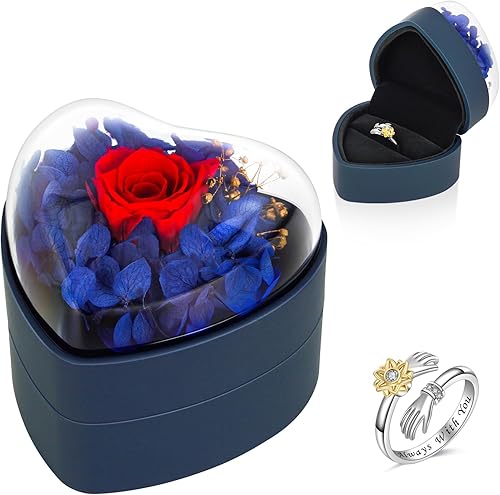 Fanadith Valentines Day Gifts for Her, Preserved Real Rose with Silver Ring, Eternal Rose Box Gifts for Women, Girlfriend and Wife on Valentine's