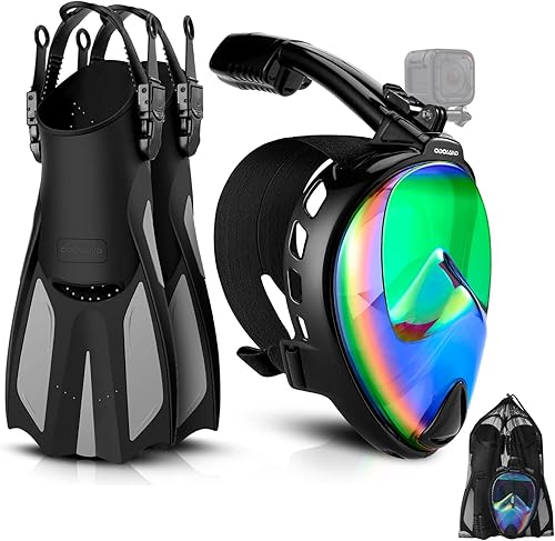 Odoland Paquetes de esnórquel, juego de máscara completa de esnórquel con soporte para cámara, protección UV 400, aletas de natación ajustables,