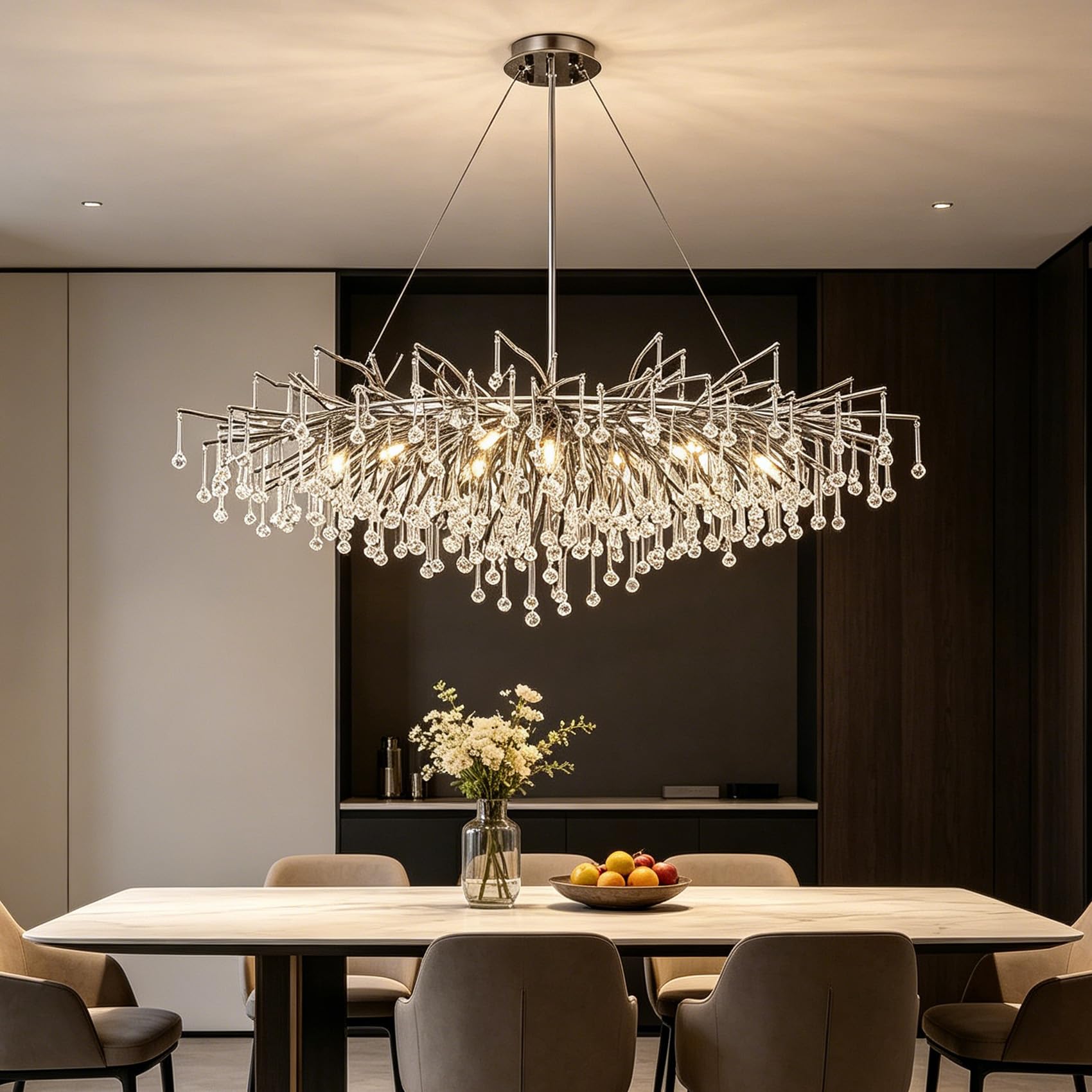 MESOVFCA Modern Chandeliers for Living Room Crystal Tree Branch Chandelier, 100Cm Large Linear Art Deco Raindrop Pendant Light Fixture for Dining Room, Kitchen Island, Bedroom,Silver