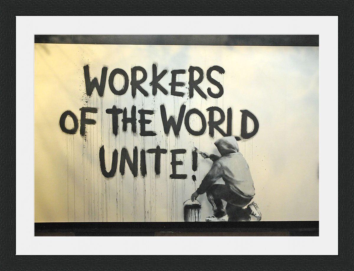 Behind The Glass Black Banksy Workers Of The World Unite - Framed & Mounted - 40X30cm - Frame