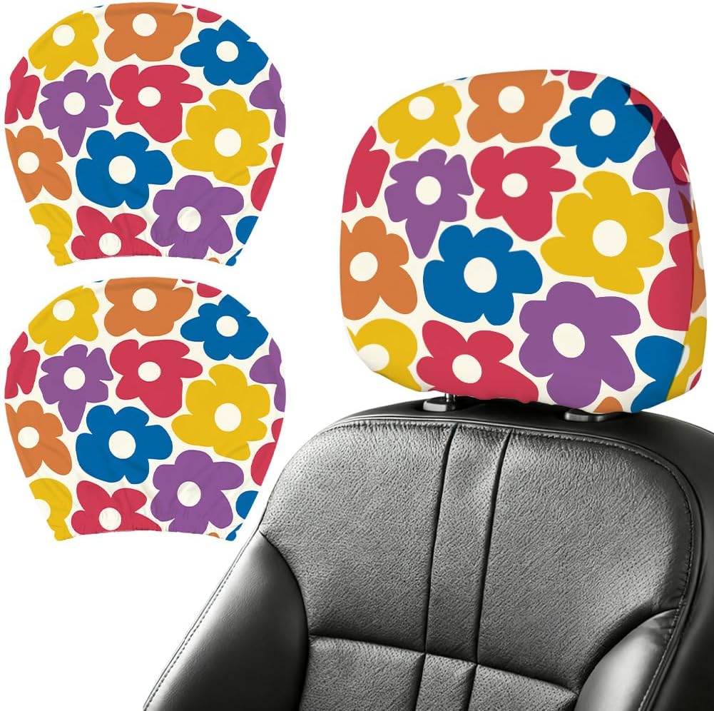 2PCS Colorful Flowers Car Headrest Cover Elastic Car Seat Headrest Protector Universal Washable Auto Head Rest Pillow Cover for SUV Sedan Van Truck Women Vehicle Interior Accessories Gift