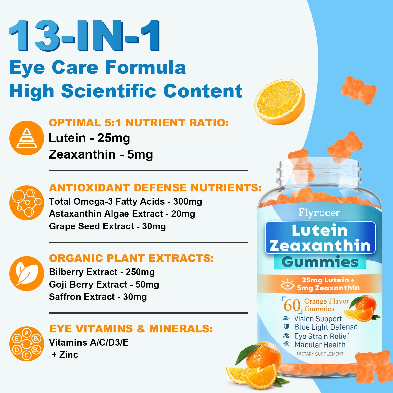 Sugar Free Lutein Gummies 25mg, Lutein and Zeaxanthin Supplements for Eye Health, 13-in-1 Eye Care Formula with Omega-3 Bilberry Saffron-Vision Health, Eye Strain, Dry Eyes,Vegan Orange Flavor 120 Cts — Amazon image 3