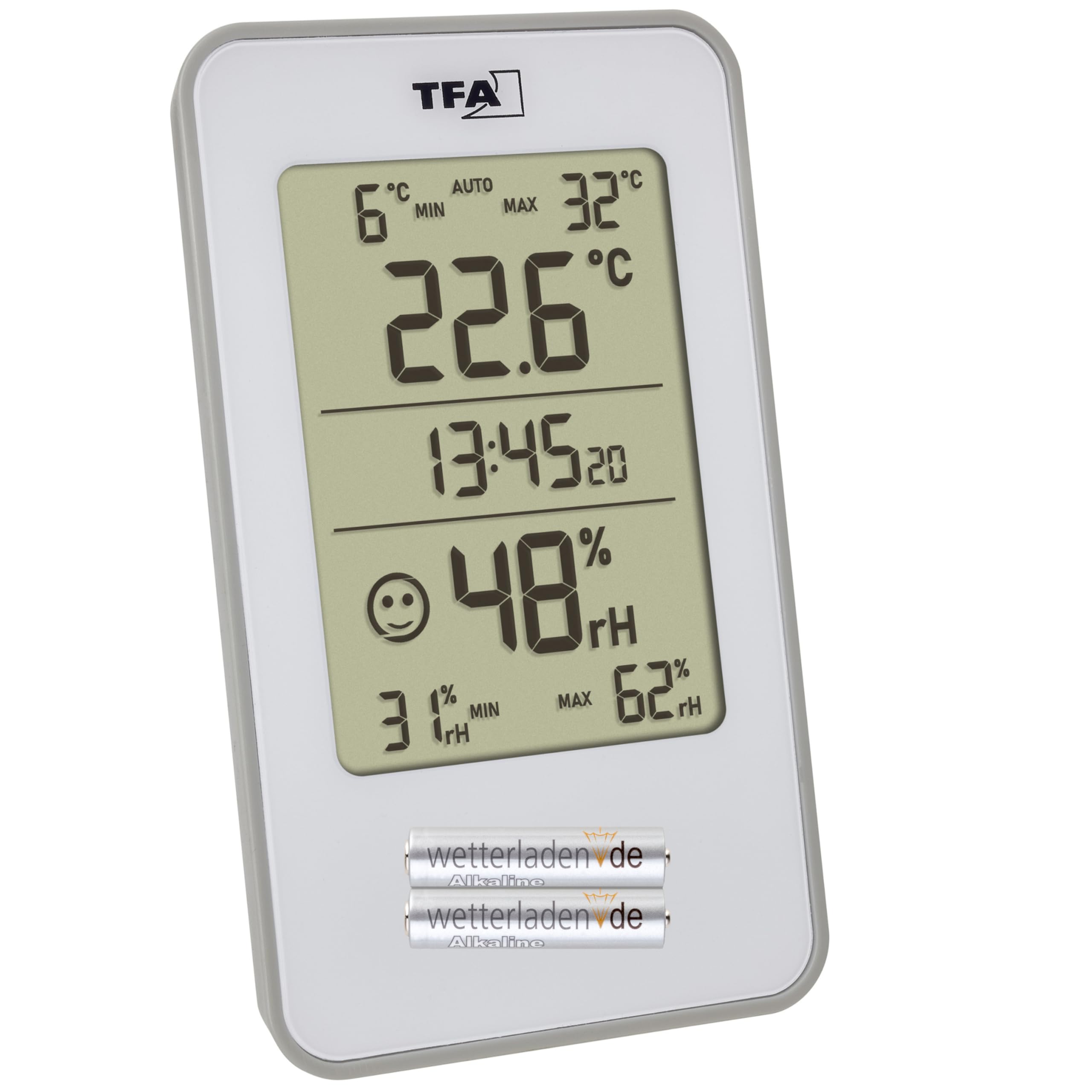 TFA Dostmann Cyfrowy termohigrometr, 30,5057, higrometr z termometrem pokojowym, do zapobiegania pleśni, nadaje się do salonu, garażu, sypialni, 72 x 16 x 120 mm (biały z bateriami)