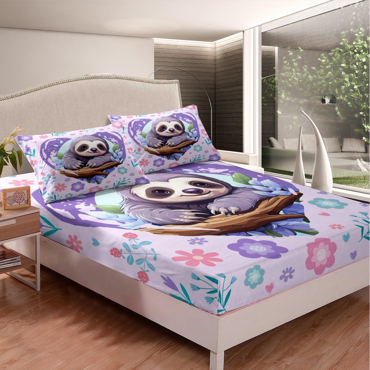 Manfei Cute Sloth Bed Sheet Queen Size,Kawaii Wild Animal Jungle Branch Sheets,Nature Flowers Leaves Graffiti Purple Bedding Sets (1 Fitted,1 Flat,2 Pillowcases) Deep Pocket Bed Sheets