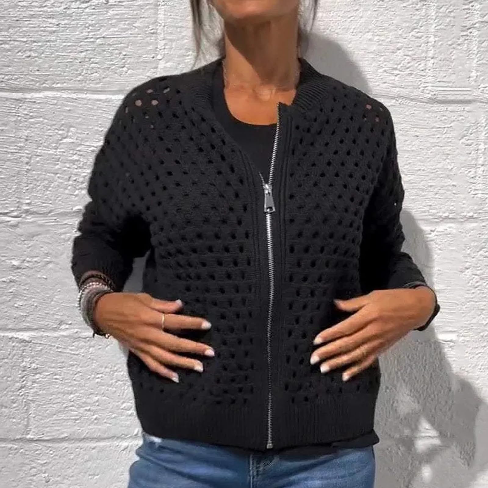Chaqueta de punto para mujer con cremallera y recortes, suéter de ganchillo con cremallera para mujer, parte superior de punto hueco para mujer, prendas de abrigo de punto de ganchillo