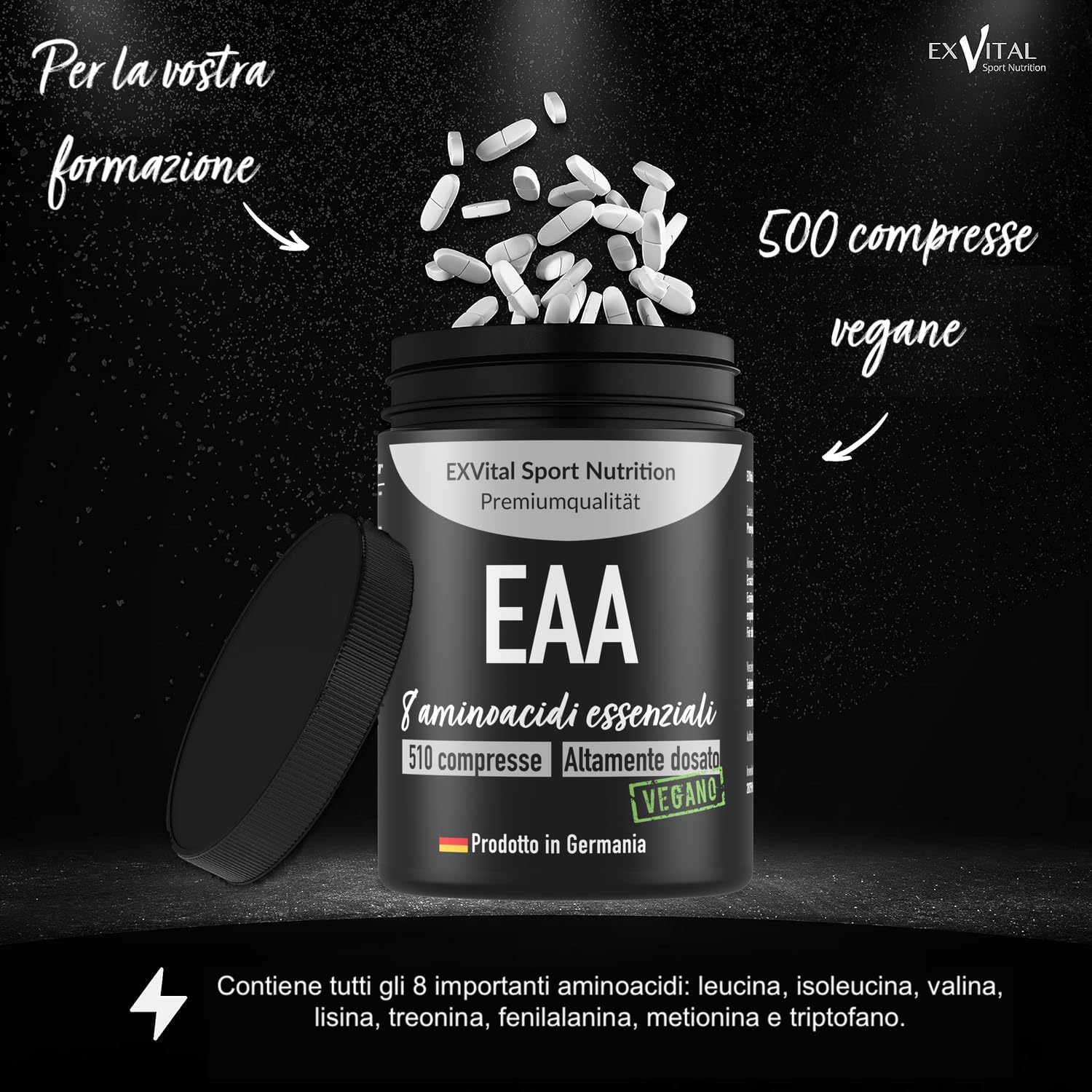 EXVital® EAA Aminoacidi Essenziali con 1036 mg per compressa - 510 compresse, Tutti gli 8 aminoacidi essenziali EAA - Multi Amino altamente dosati - Vegano - Prodotto in Germania- Senza additivi