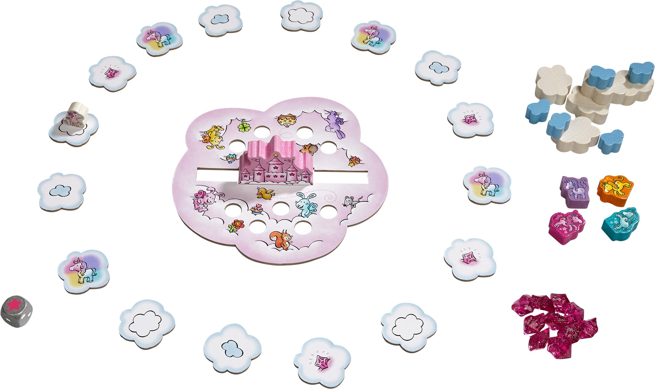 HABA 2012232005 - Unicornio Destello – Torre de Nubes, Juego Infantil de Mesa cooperativo de Habilidad. Más 4 años