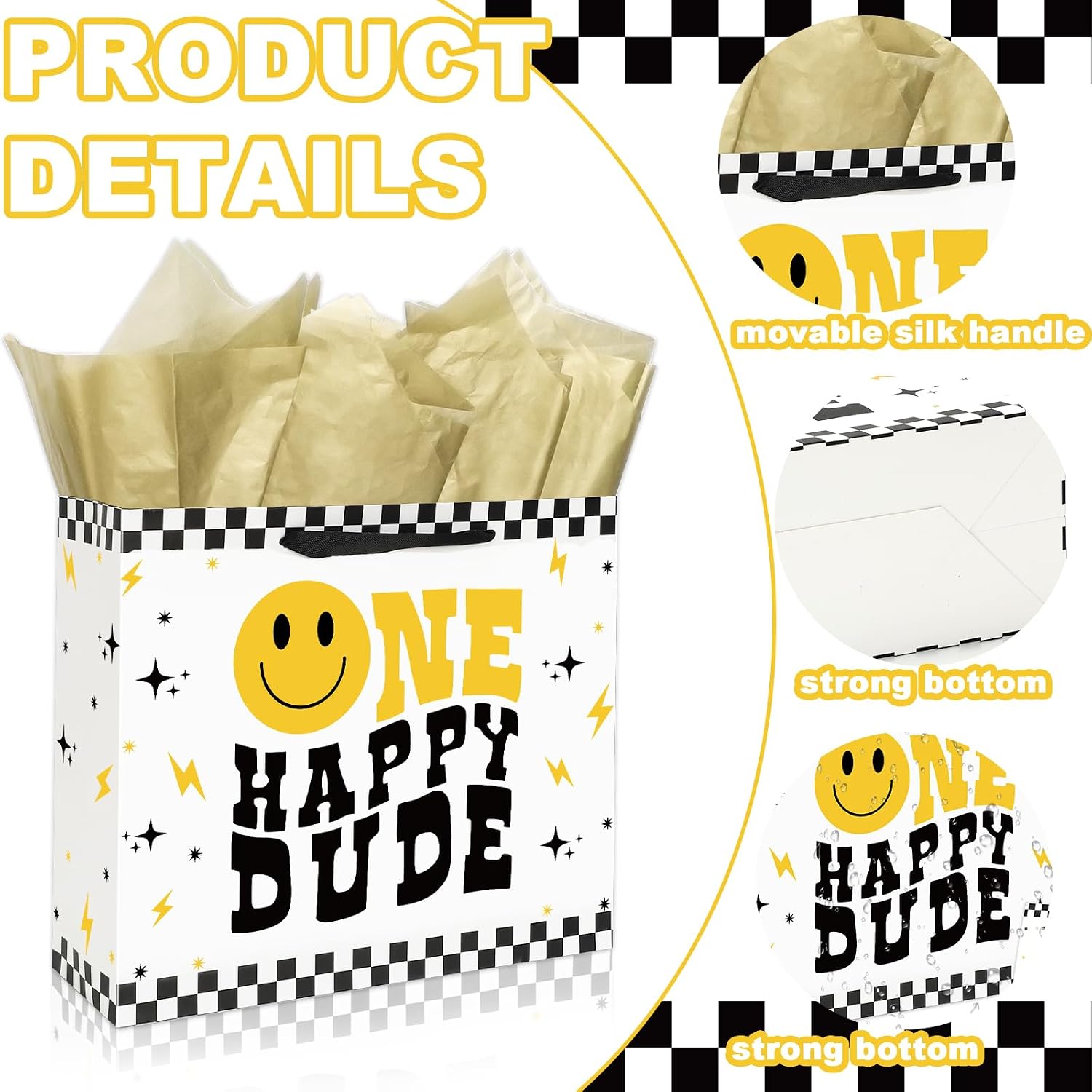 FYSUIMU One Happy Dude Party Favor Bag with Handles Smile Face Checkered Treat Bag with Greeting Cards Gold Tissue Paper Candy Gift Bags for First Birthday Baby Shower Party Decorations image 3