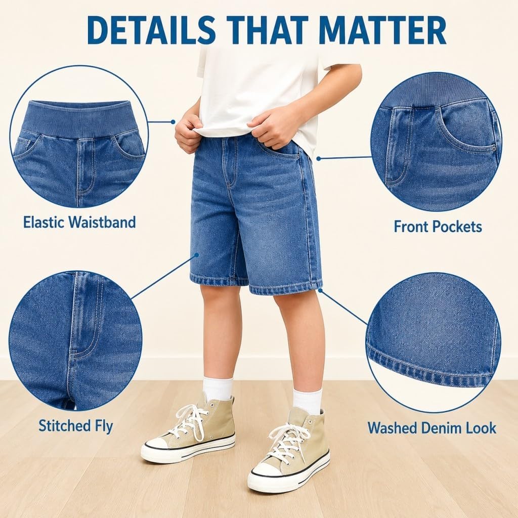 Bermuda Jean Shorts for Boys Girls Summer Stretchy Knee Length Denim Shorts Tummy Control High Waisted School Pull On Jorts
