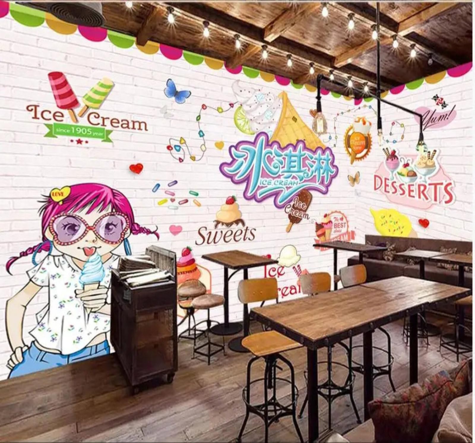 Tzxztt Brick Wall Hand Painted Cold Drinks Patisserie Café Modern 3D Wallpaper Premium Textured Silk Neutral Tones Material Ideal for Living Room Bedroom-430cm×300cm