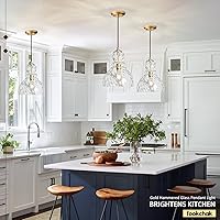 Vista 3 de Hammered Glass Pendant Light, Pendant Lights Kitchen Island, Brushed Brass Kitchen Island Light Large 10 inch Gold Glass Ceiling Pendant Lights Over