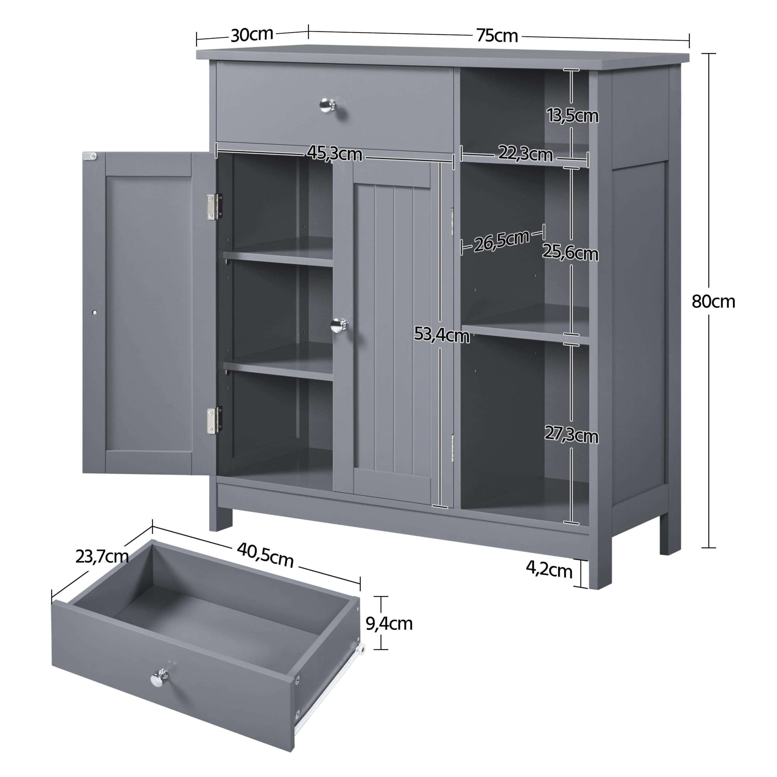 Yaheetech Mueble de Baño de Suelo Auxiliar de Madera Armario Baño con Cajón y Puertas Mueble de Cocina con Estante Ajustable 75 x 30 x 80 cm Gris