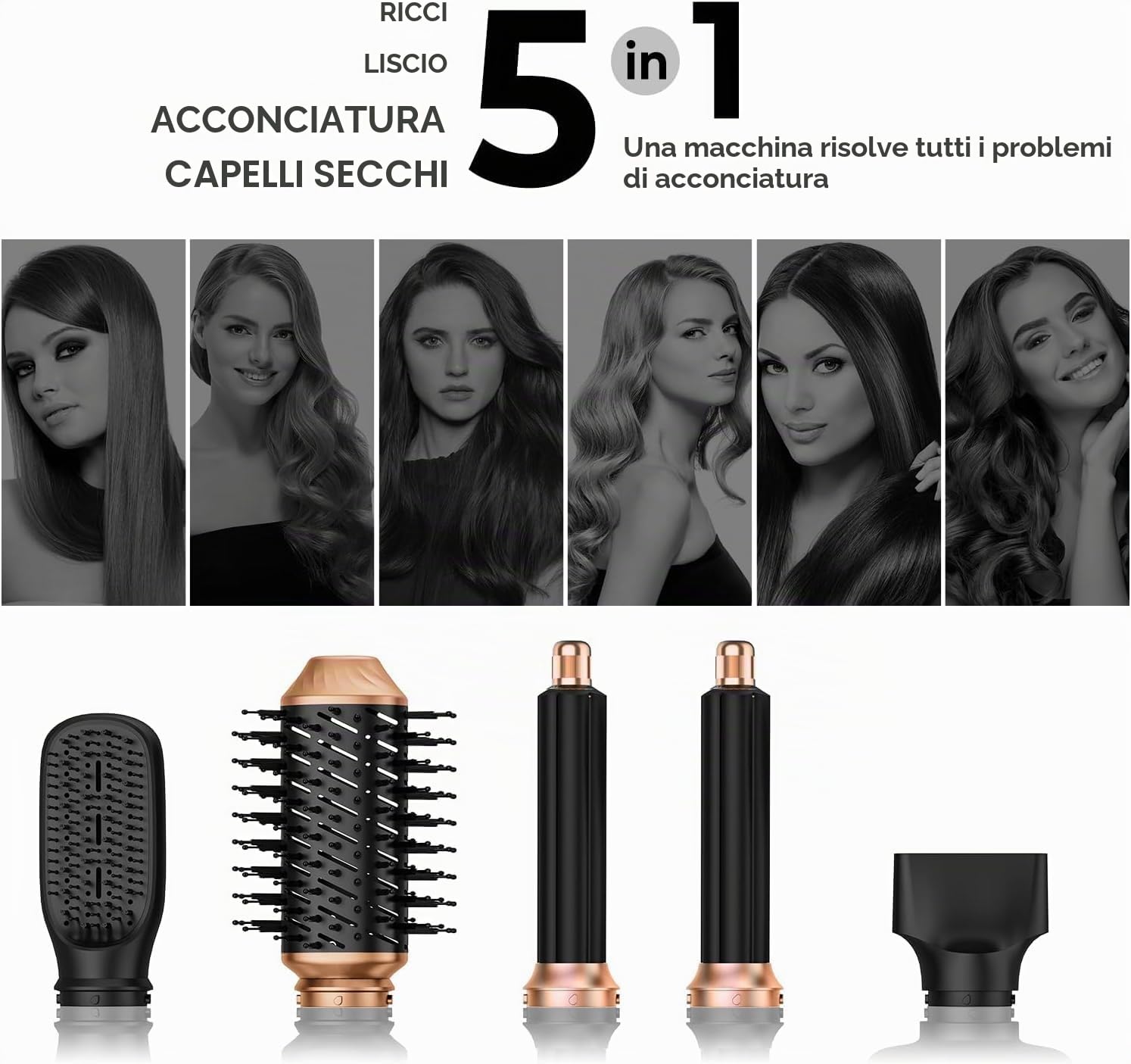 UKLISS Spazzola Asciugacapelli & Air Styler 5 in 1, Spazzola Ad Aria Calda 1000W Asciugatura Rapida Airstyler per Capelli Ricci, Volumizzante, Lisciante, Regali per Donne (Oro Nero)