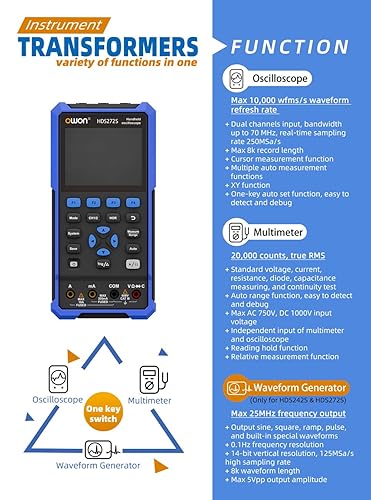 Miniatura 2 de OWON® HDS272S 3.5" LCD 2CH Osciloscopio de mano 70MHz Ancho de banda 20000 cuentas Multiumeter OSC + DMM+ generador de señal 3 en 1 Adecuado para