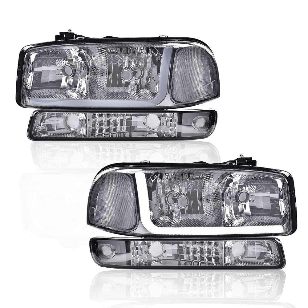 G-PLUS LED DRL Headlights Assembly, Compatible with 1999-2007 GMC Sierra 1500/2001-2007 GMC Sierra 1500 HD Bumper Headlamps, Smoky Lens Chrome Housing Clear Reflector,faros delanteros