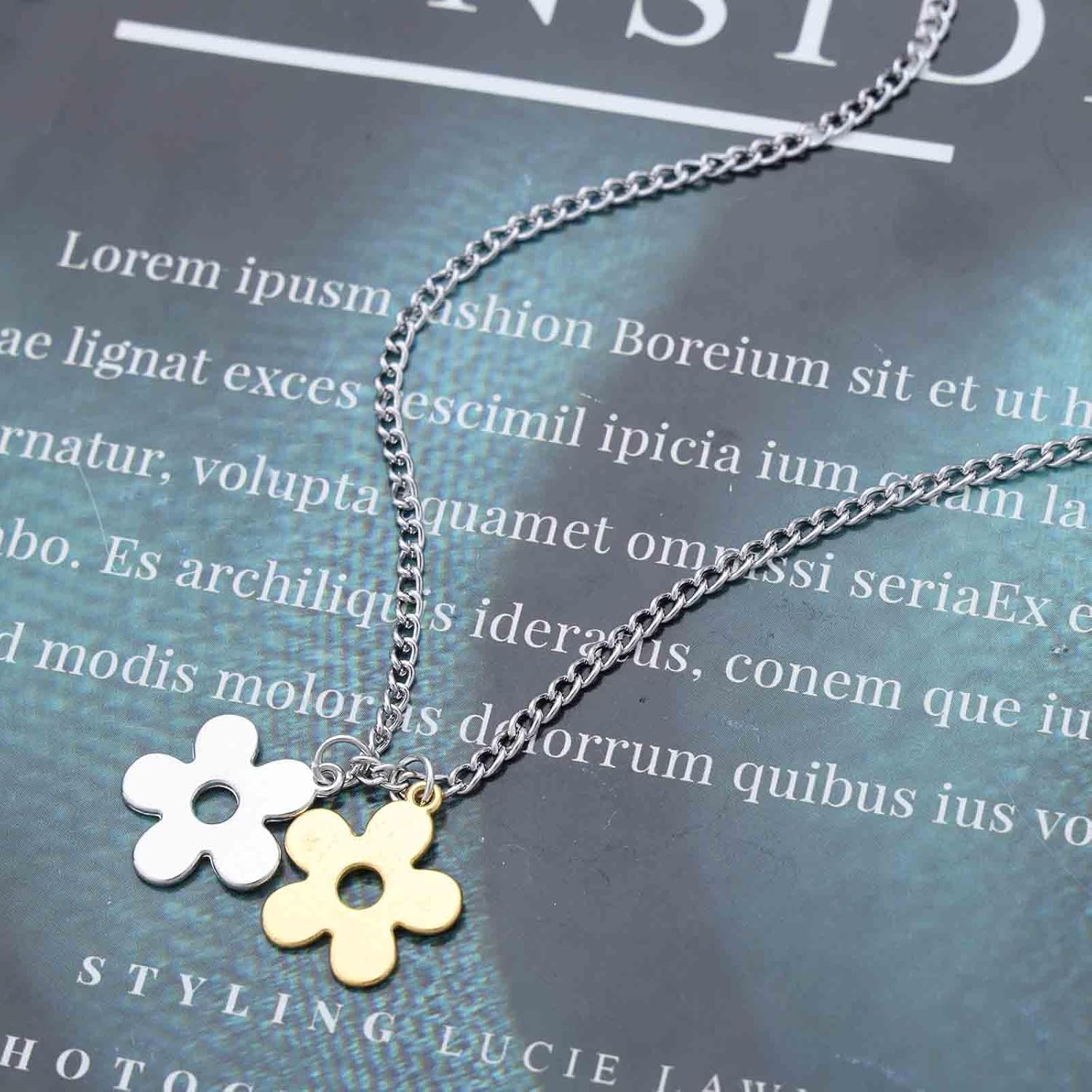 Boho Flower Pendant Necklace Silver Double Flower Choker Necklace Vintage Hollow Flower Necklace Adjustable Flower Petal Chain Necklace Jewelry for Women - Image 4