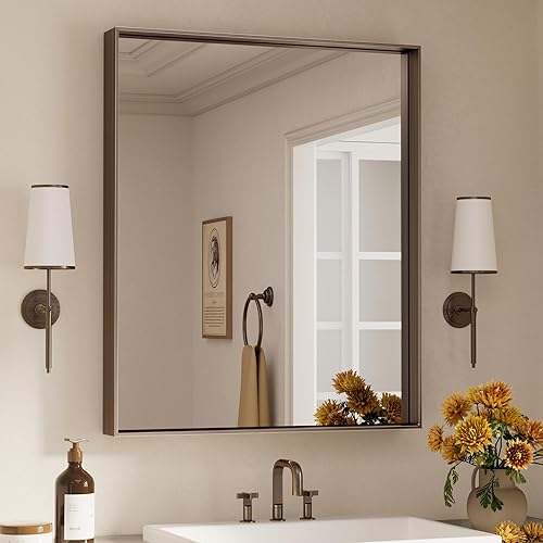 Miniatura 43 de Keonjinn Espejo de baño dorado de 48 x 36 pulgadas, espejo rectangular con marco de metal dorado cepillado, espejo de pared grande rectangular