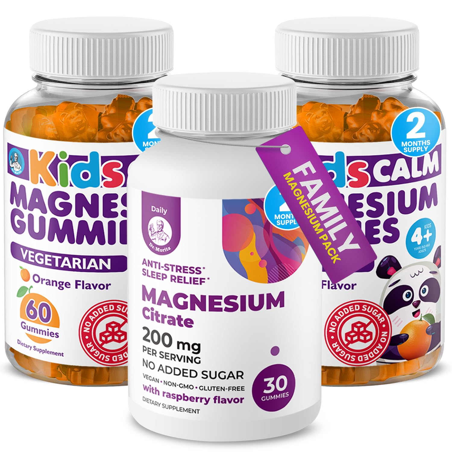 Kids Magnesium Citrate Gummies Orange Flavor (120 Count) and 200 mg Calm Magnesium Gummies for Adults in Raspberry Flavor (30 Count) - No Added Sugar & Non-GMO