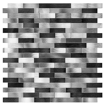 Decopus Metal Tile Peel and Stick Backsplash (LNG Oblong Black Silver Gray, 5pc/Pack) Adhesive Mosaic Tile, Thin, Speedy for remodel