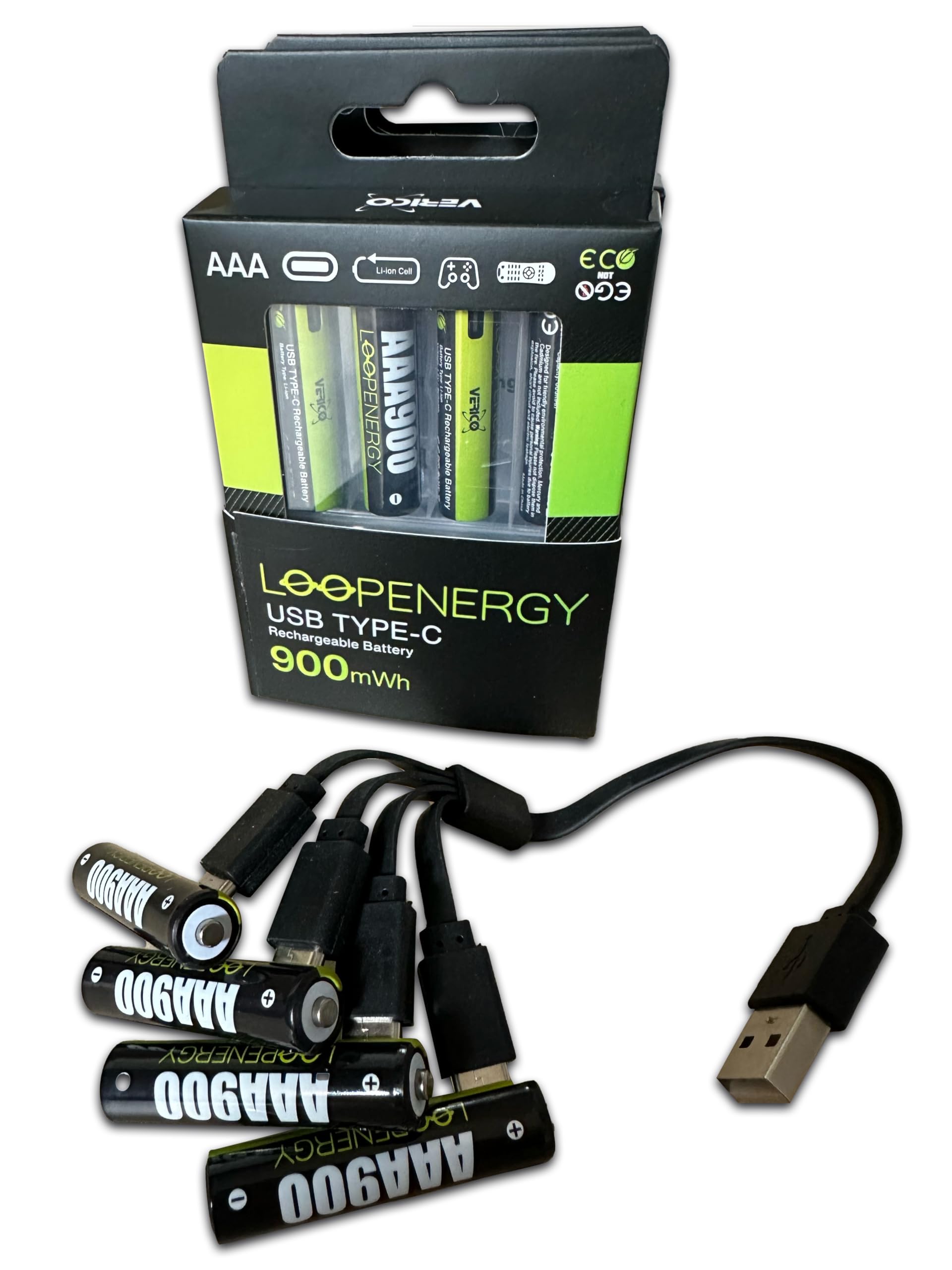 VERICO LoopEnergy AAA 900 - Batteria ricaricabile USB-C AAA 1,5 V, 900 mWh (600 mAh), ricarica rapida tramite connettore USB-C in circa 2 ore, confezione da 12 AAA, 3 cavi da USB-A a 4 USB-C