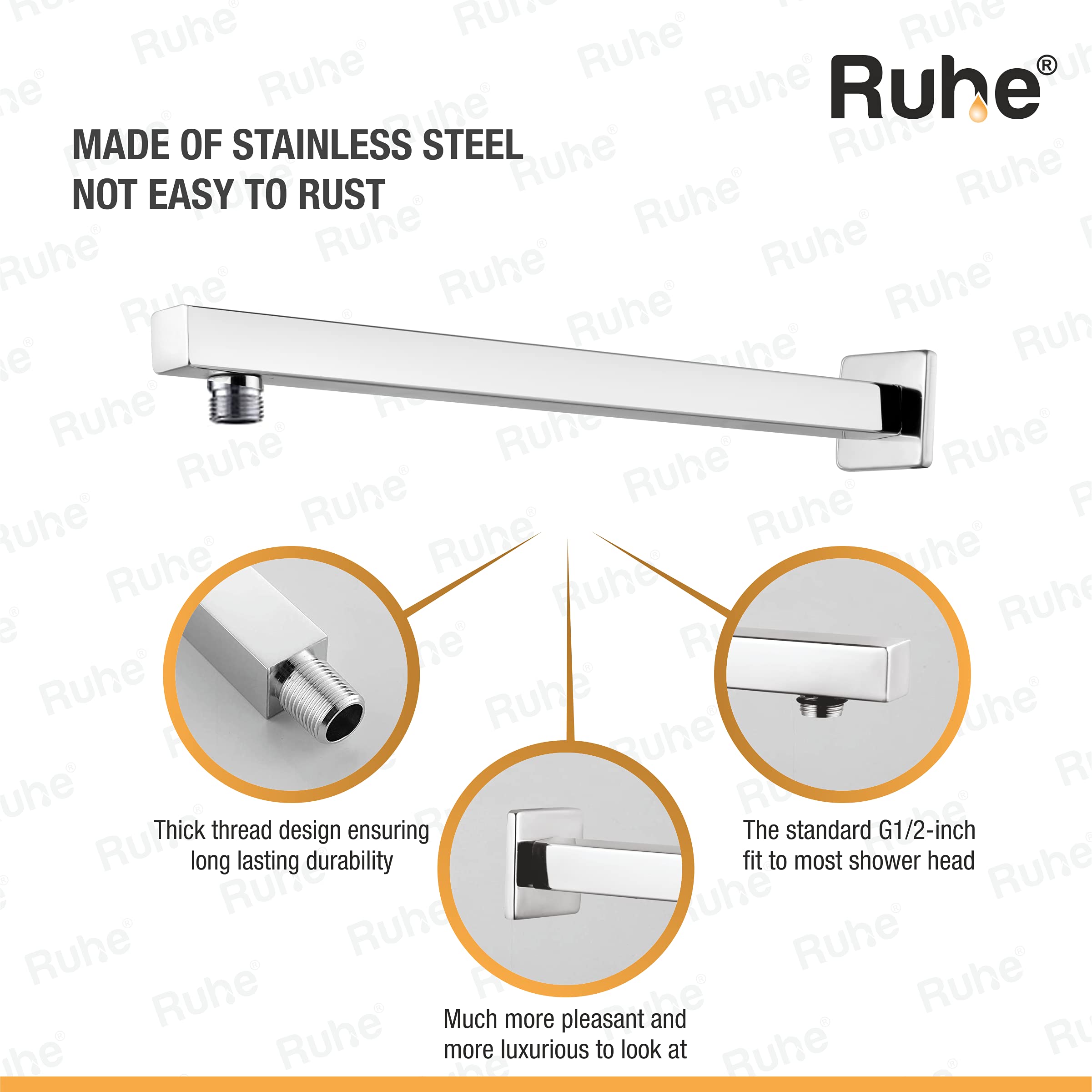 Ruhe® 15 Inches Square Shower Arm | Premium Grade Stainless Steel Square Shower Arm 2