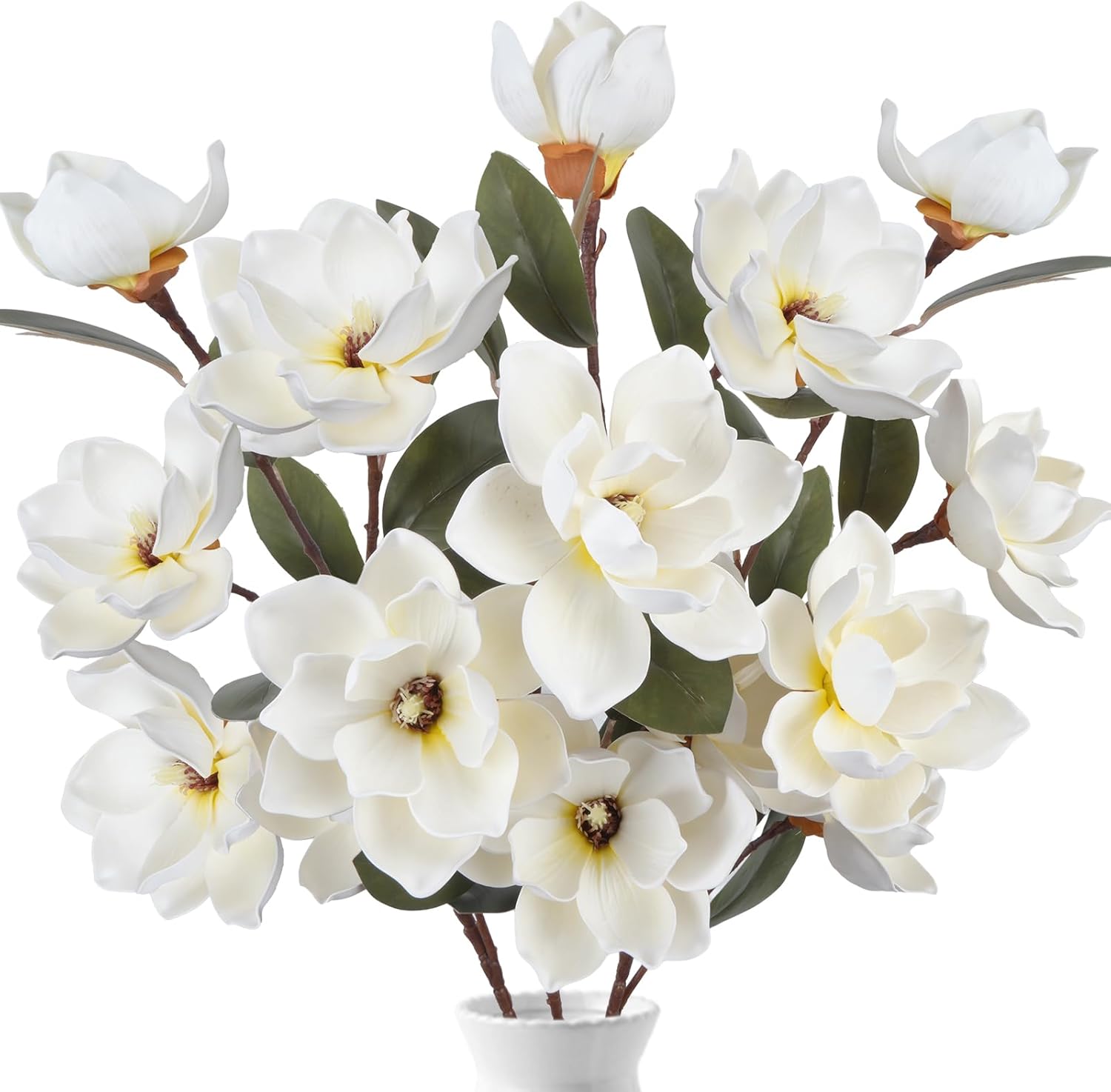 37'' Artificial Magnolia Flowers 3PCS Faux Magnolia Stems White Real Touch Flowers 5 Heads Arrangement with Green Leaves for Home Wedding Table Centerpieces Office Decor