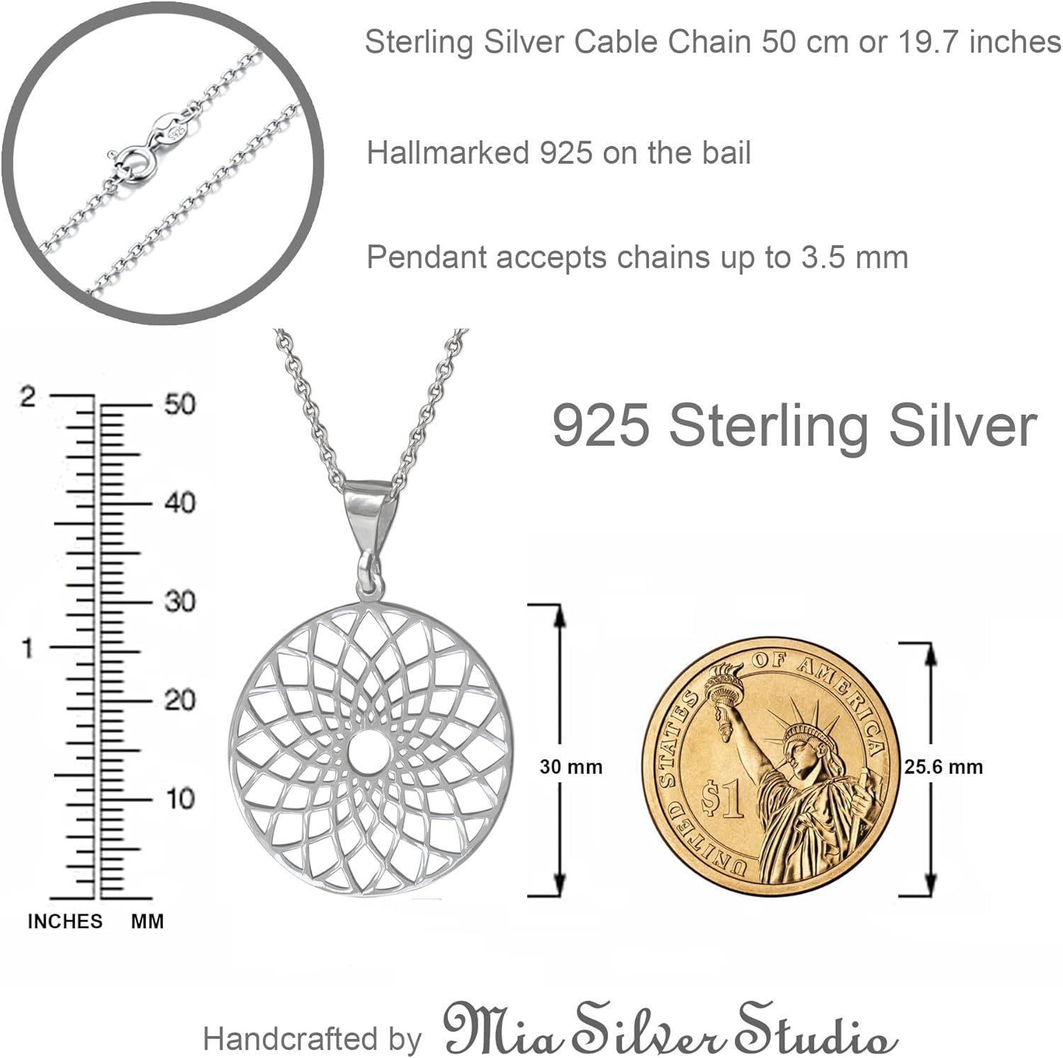 Mandala Necklace Sterling Silver 925 - Sacred Geometry Circle Pendant with 19.7" Chain - Spiritual Esoteric Amulet - Boho Hippie Yoga Jewelry for Women Girls - Handmade - Image 6