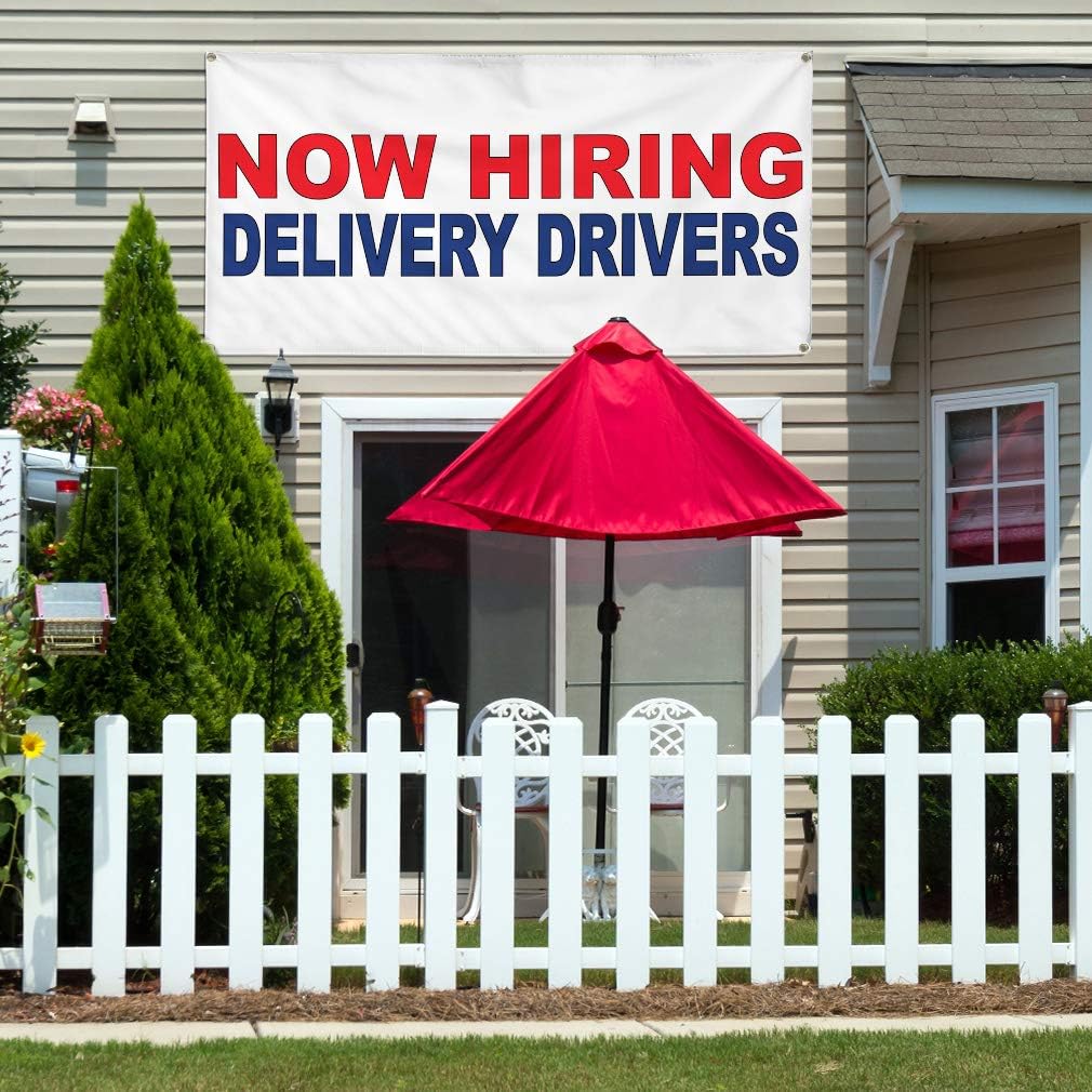 Vinyl Banner Multiple Sizes Now Hiring Delivery Drivers Red Blue Business Outdoor Weatherproof Industrial Yard Signs 4 Grommets 24x36Inches