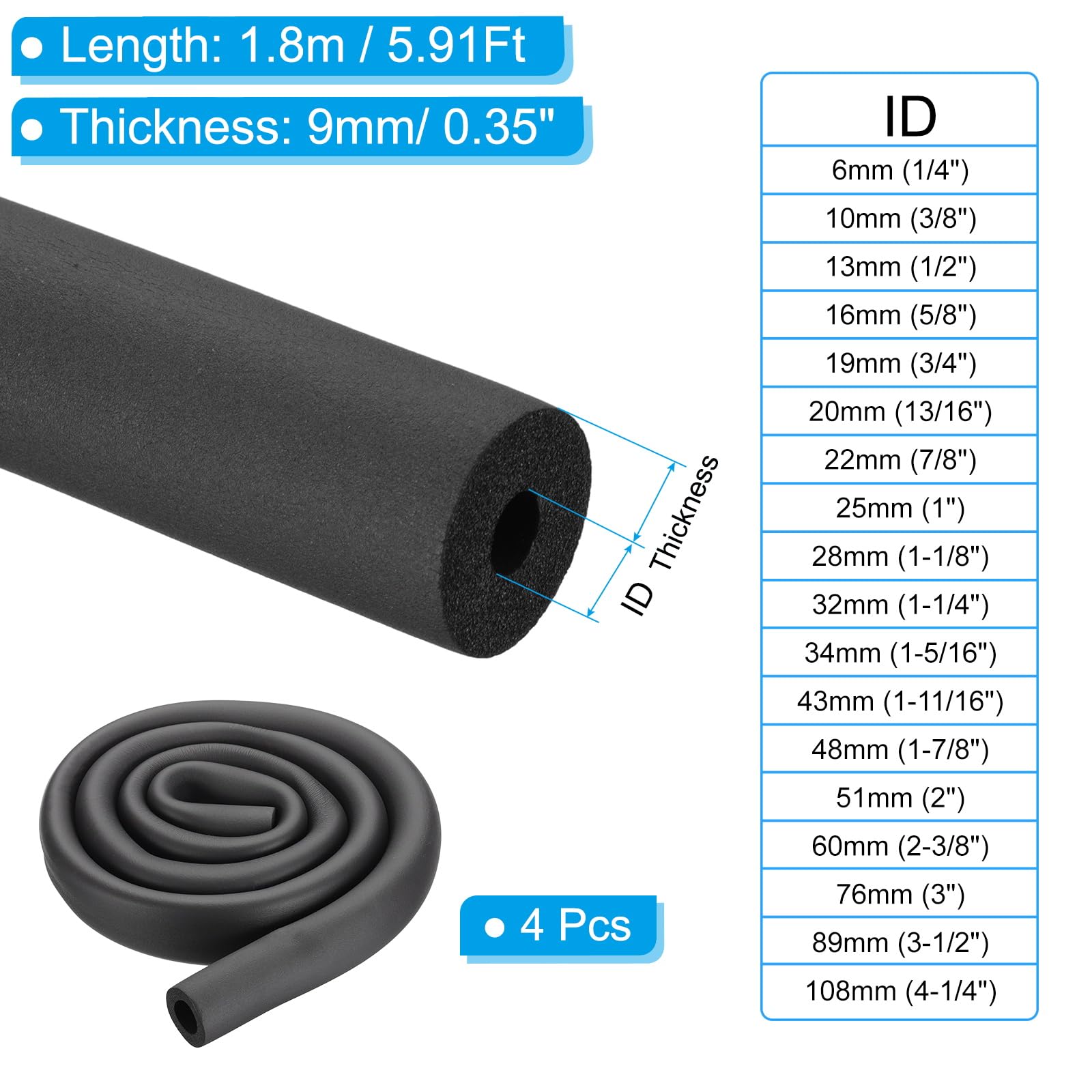 PATIKIL Tubo isolante in schiuma per tubi, diametro interno 22 mm, lunghezza 1,8 m, 4 pezzi, per impugnatura per condizionatori d'aria esterni HVAC, colore nero