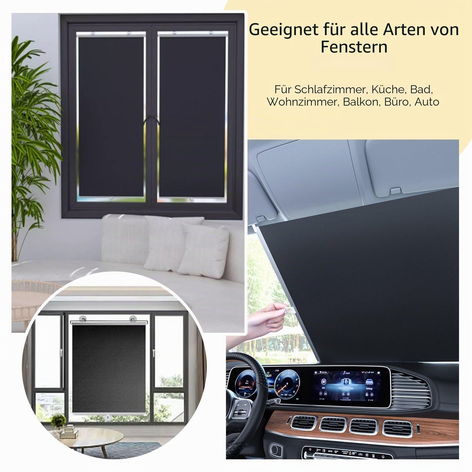 Saugnapf Rollos Für Fenster,Sonnenschutz Verdunkelungsrollos 40cm 45cm 50cm 58cm 68cm 80cm,Temporäre Jalousien Ohne Bohren,Einziehbarer Sichtschutzvorhänge,Thermorollo Schwarz,W×H-80*200cm(31*79in)