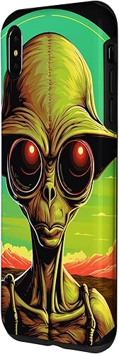 Vista 14 de iPhone 15 Pro Max Cute Green Alien Head UFO Space Face Alien Case
